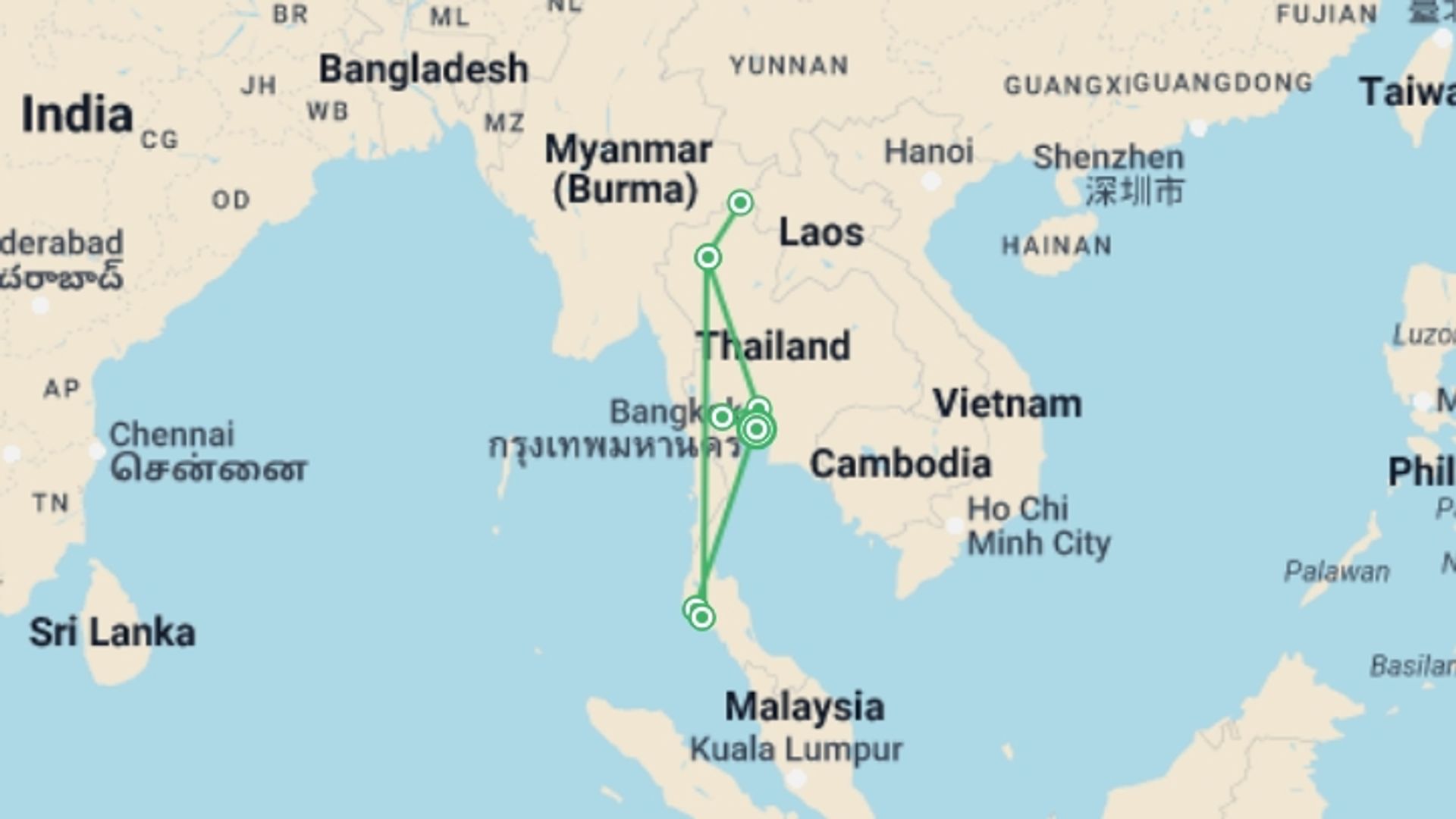 A map showing the tour itinerary for the trip: Thailand Hike, Bike & Kayak, starting in Bangkok, Thailand and ending in Bangkok, Thailand going through 6 other destinations.