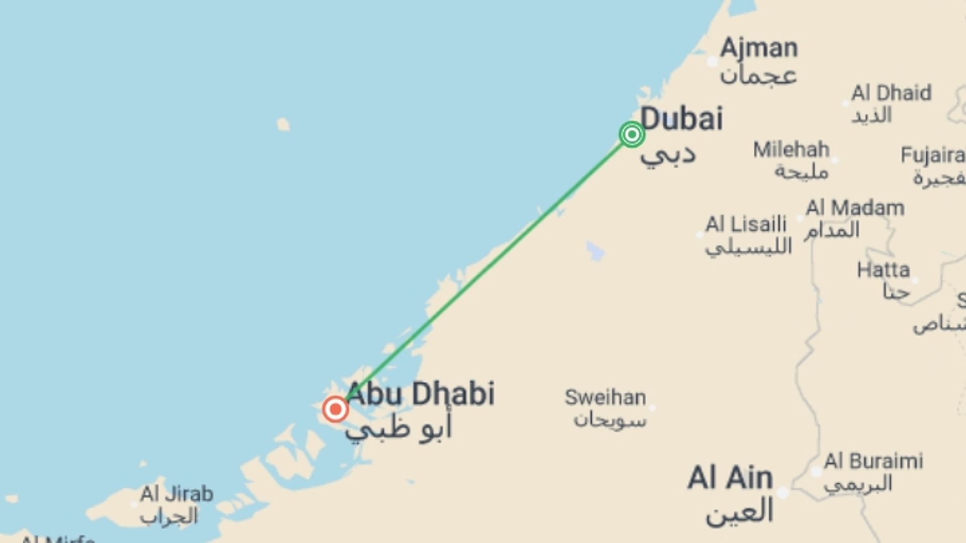 A map showing the tour itinerary for the trip: Picturesque Solo Dubai and Abu Dhabi Tour, starting in Dubai, UAE and ending in Abu Dhabi, UAE going through 0 other destinations.