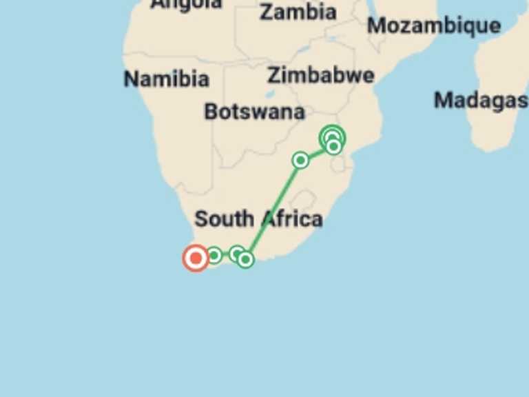 Map itinerary of Cape Town Tour in Winter with 8 destination visits for the trip: Cape Town, Kruger And Garden Route