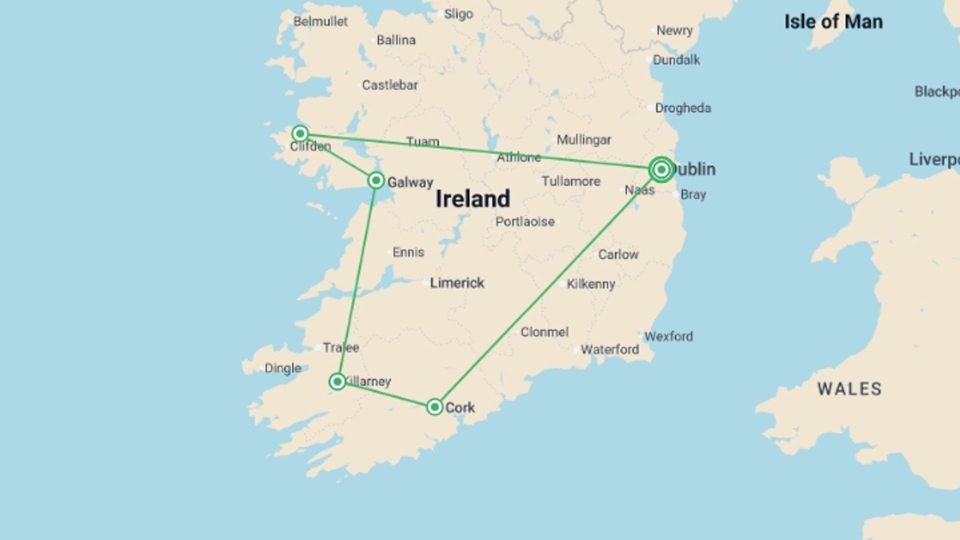 A map showing the tour itinerary for the trip: Ireland's Icons - Premium, starting in Dublin, Ireland and ending in Dublin, Ireland going through 4 other destinations.