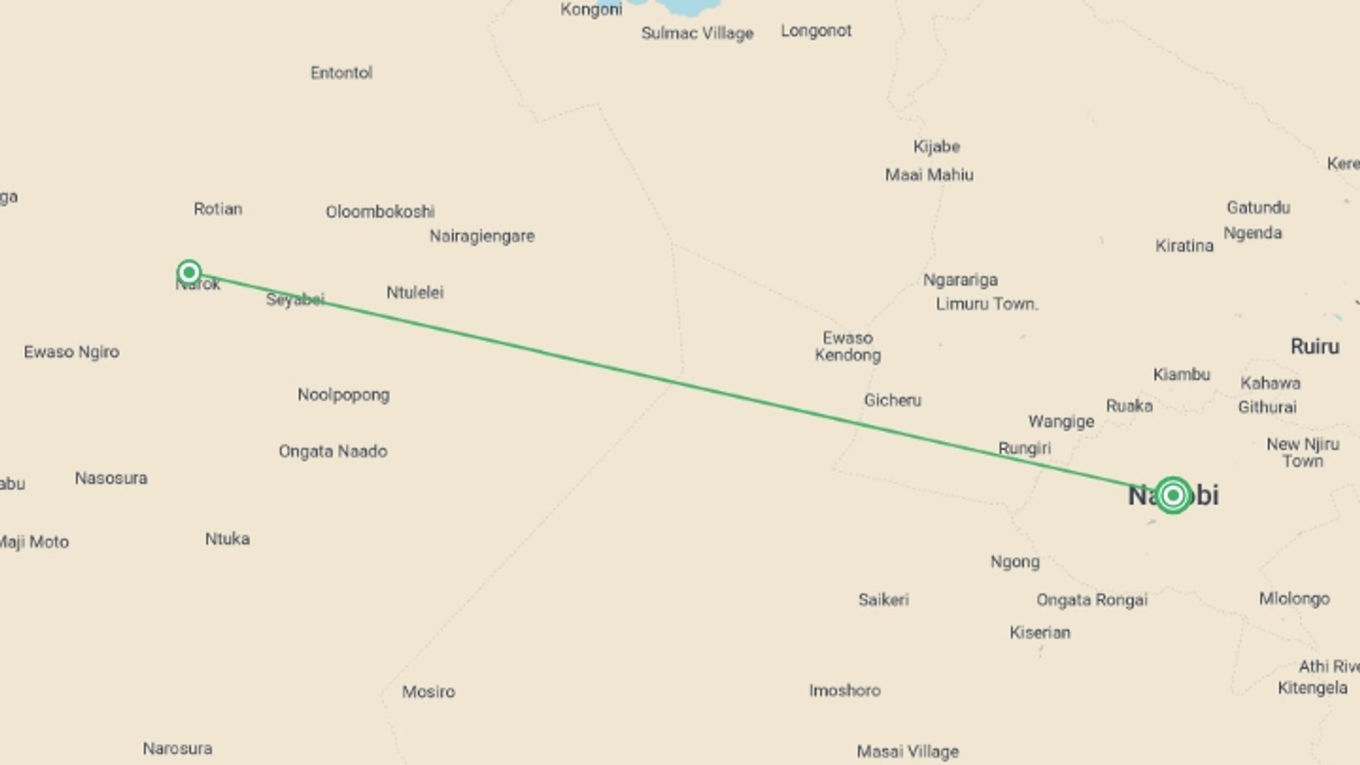 A map showing the tour itinerary for the trip: 3 Days Masai Mara Classic Safari, starting in Nairobi, Kenya and ending in Nairobi, Kenya going through 2 other destinations.
