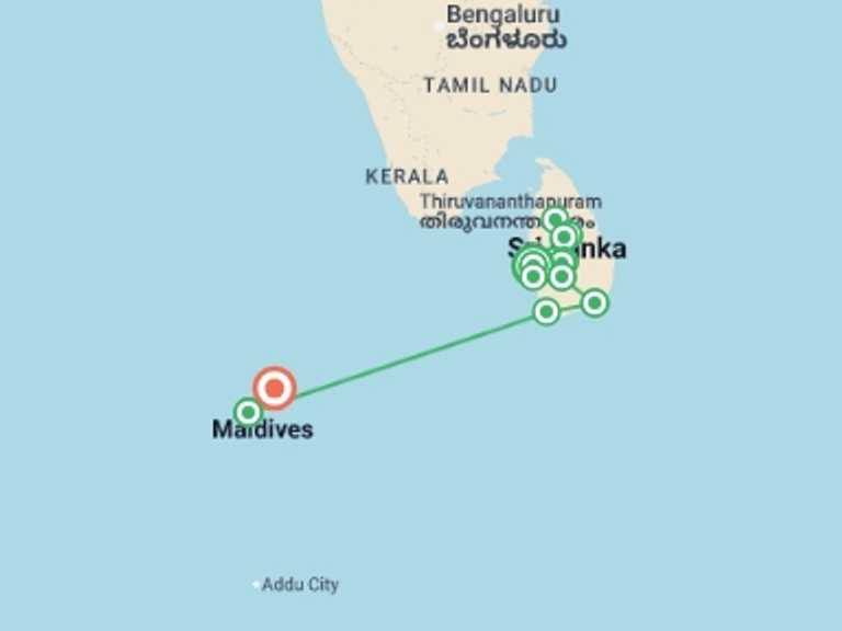 Map of Maldives and Sri Lanka Tour with 8 destination visits for the trip: Ultimate Maldives & Sri Lanka Luxury Tour