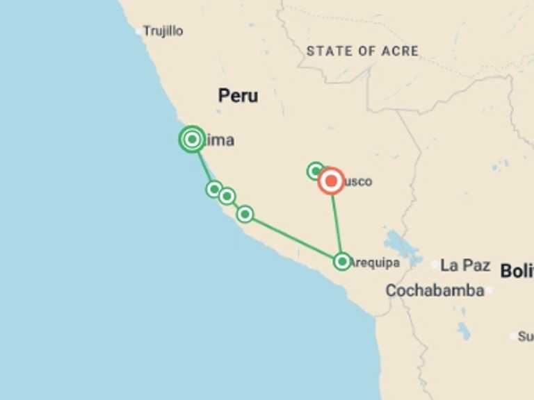 Map of South America Tour with 6 destination visits for the trip: Lima to Cusco