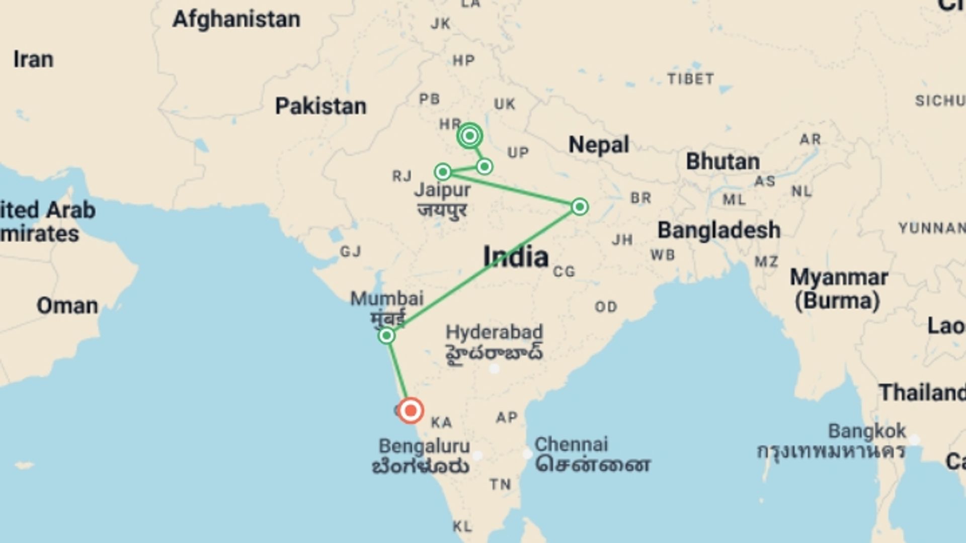 A map showing the tour itinerary for the trip: Incredible India, starting in New Delhi, India and ending in Goa, India going through 4 other destinations.