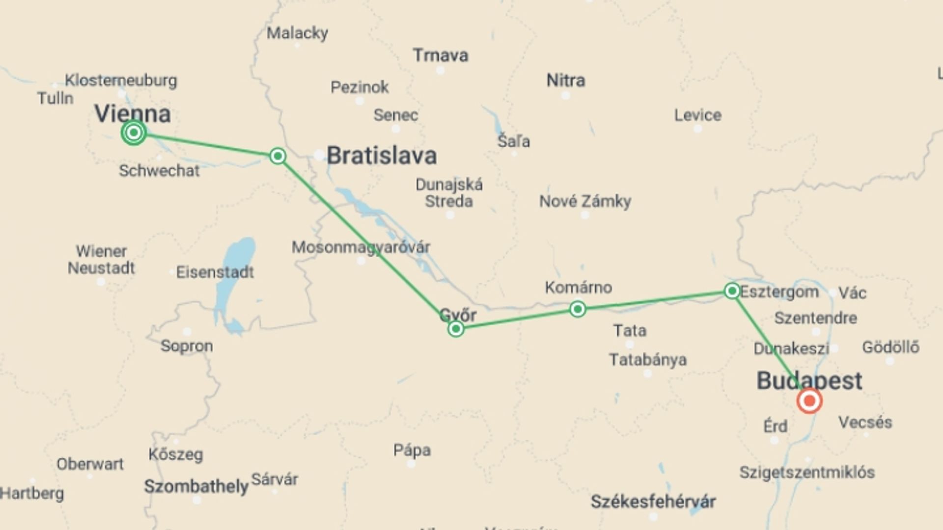 A map showing the tour itinerary for the trip: Cycle the Danube, starting in Vienna, Austria and ending in Budapest, Hungary going through 4 other destinations.