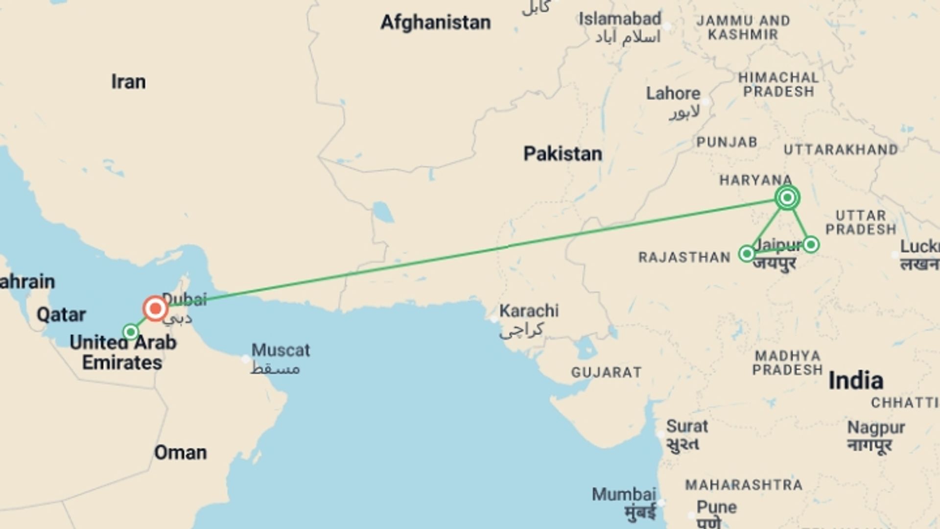 A map showing the tour itinerary for the trip: Best of India And Dubai, starting in New Delhi, India and ending in Dubai, UAE going through 3 other destinations.