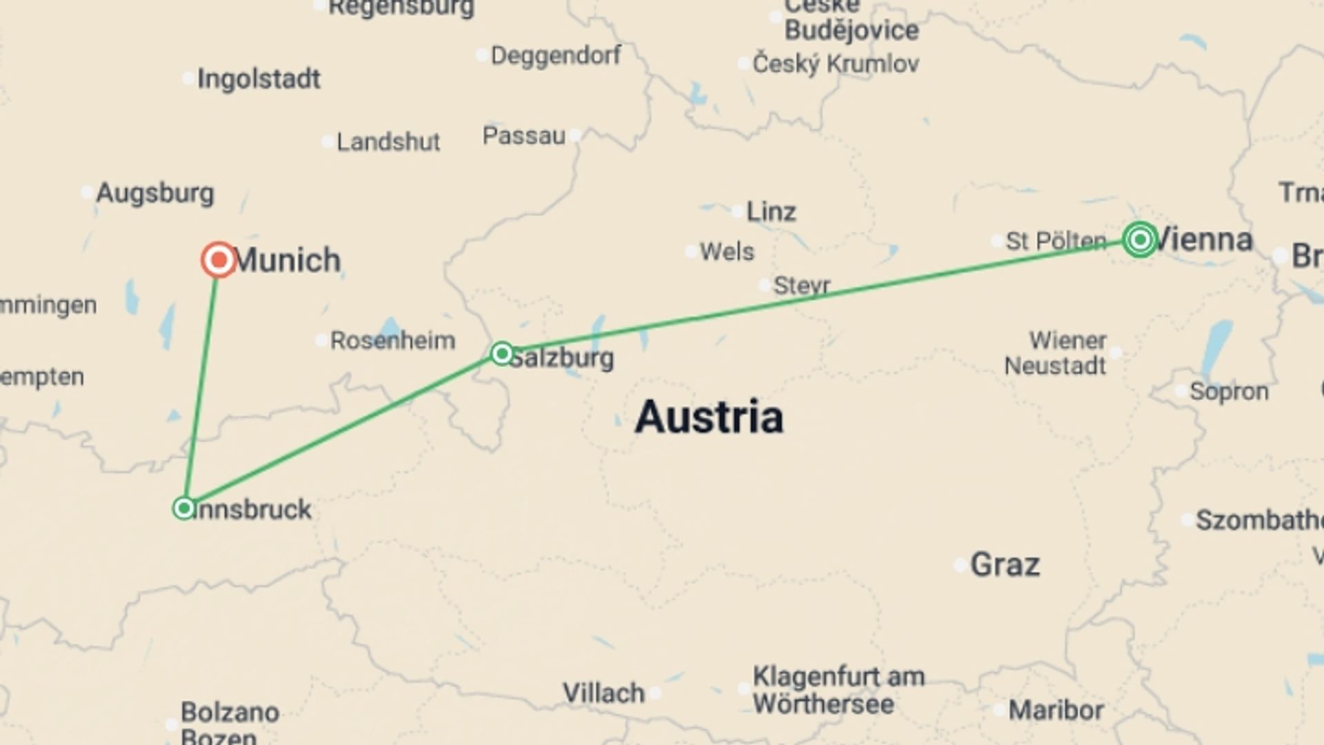 A map showing the tour itinerary for the trip: Christmas Markets of Austria and Bavaria, starting in Vienna, Austria and ending in Munich, Germany going through 2 other destinations.