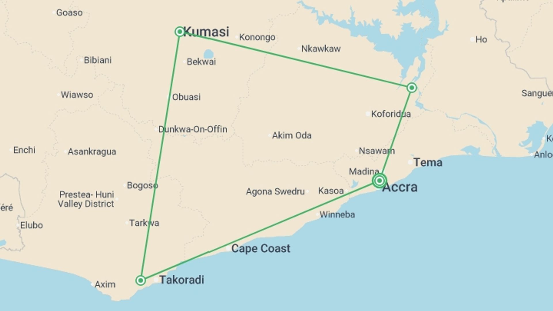 A map showing the tour itinerary for the trip: Ghana Classic Adventure: Cultural Festivals & National Parks, starting in Accra, Ghana and ending in Accra, Ghana going through 3 other destinations.