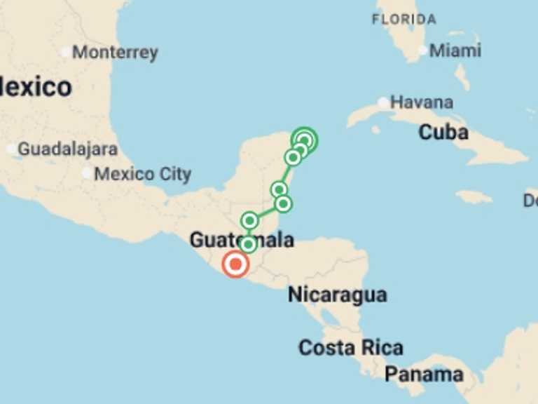 Map of North America Tour with 8 destination visits for the trip: Cancun to Antigua Express Travel Pass