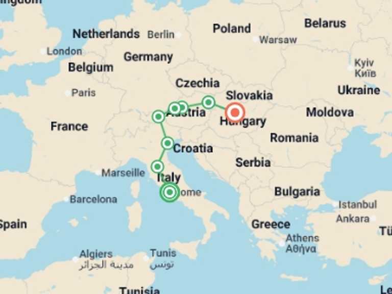 Map of 9-Day Vienna Tour with 6 destination visits for the trip: Classical Symphony with Budapest
