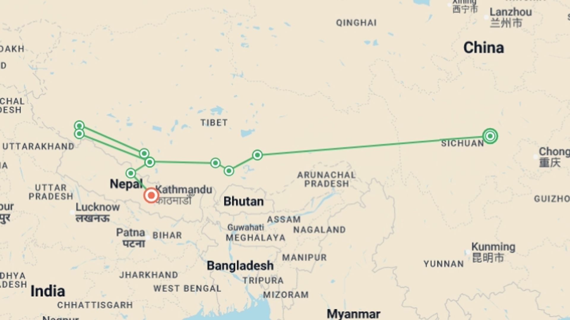 A map showing the tour itinerary for the trip: Journey to Mount Kailash, starting in Chengdu, China and ending in Kathmandu, Nepal going through 5 other destinations.