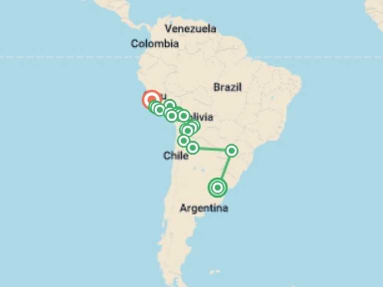 Map itinerary of South America Tour in February 2026 with 19 destination visits for the trip: Buenos Aires to Lima (via Salta) Travel Pass