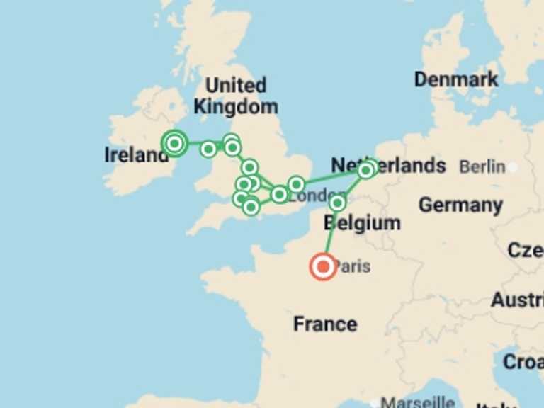Map of Volendam Tour with 8 destination visits for the trip: Dublin, Southern England, and Amsterdam with Paris