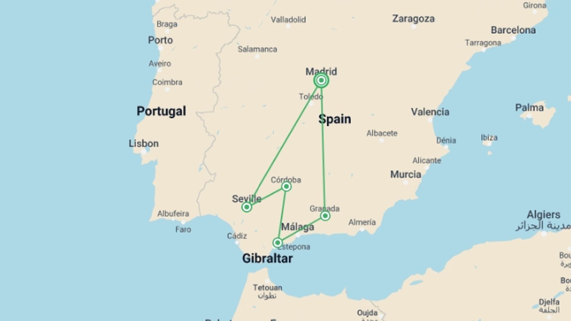 A map showing the tour itinerary for the trip: 6 Day Tour To Andalusia & Toledo From Madrid (c660), starting in Madrid, Spain and ending in Madrid, Spain going through 4 other destinations.