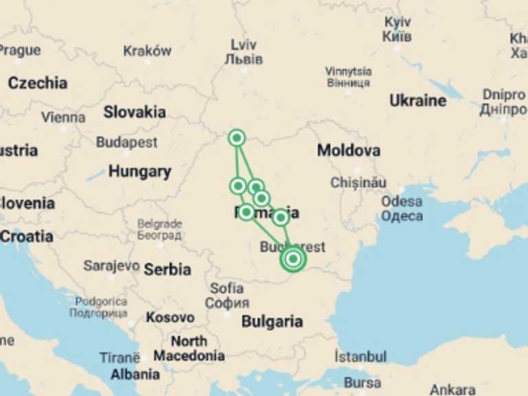 Map of a Art and architecture Tour with 8 destination visits for the trip: Classic Romania Tour