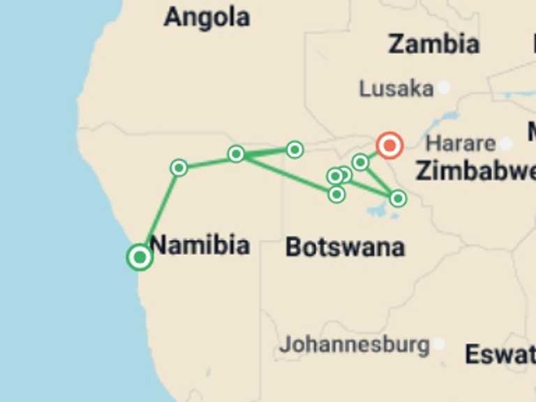 Map itinerary of Africa Tour in February 2026 with 12 destination visits for the trip: Namibia & Botswana Uncovered - 2026