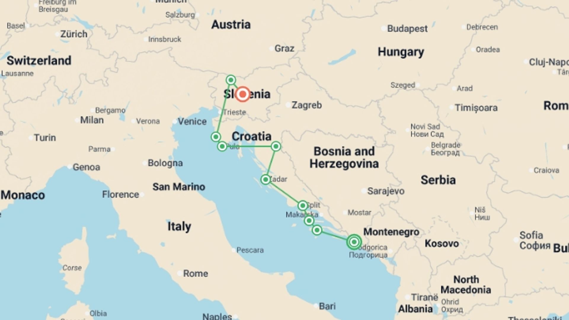 A map showing the tour itinerary for the trip: Dubrovnik to Ljubljana, starting in Dubrovnik, Croatia and ending in Ljubljana, Slovenia going through 8 other destinations.