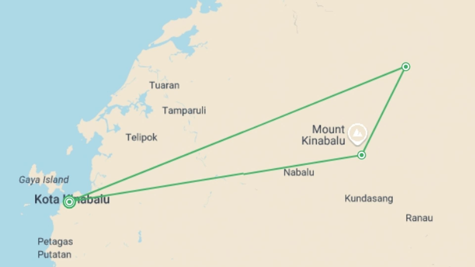 A map showing the tour itinerary for the trip: Mount Kinabalu Trek 3D/2N, starting in Kota Kinabalu, Malaysia and ending in Kota Kinabalu, Malaysia going through 2 other destinations.