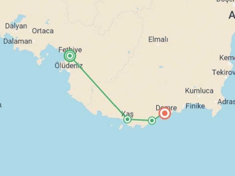 Map of Turkey Cruise Tour with 4 destination visits for the trip: Mediterranean Dreaming- Fethiye to Demre