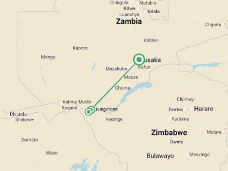 Map of Africa Tour with 3 destination visits for the trip: Zambezi Canoe Safari