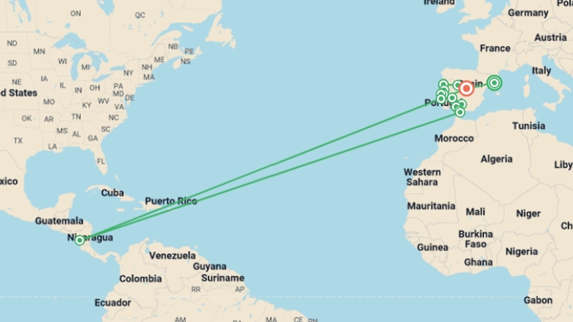 A map showing the tour itinerary for the trip: Spain & Portugal Grand Tour (Superior) - 15 days , starting in Barcelona, Spain and ending in Madrid, Spain going through 7 other destinations.