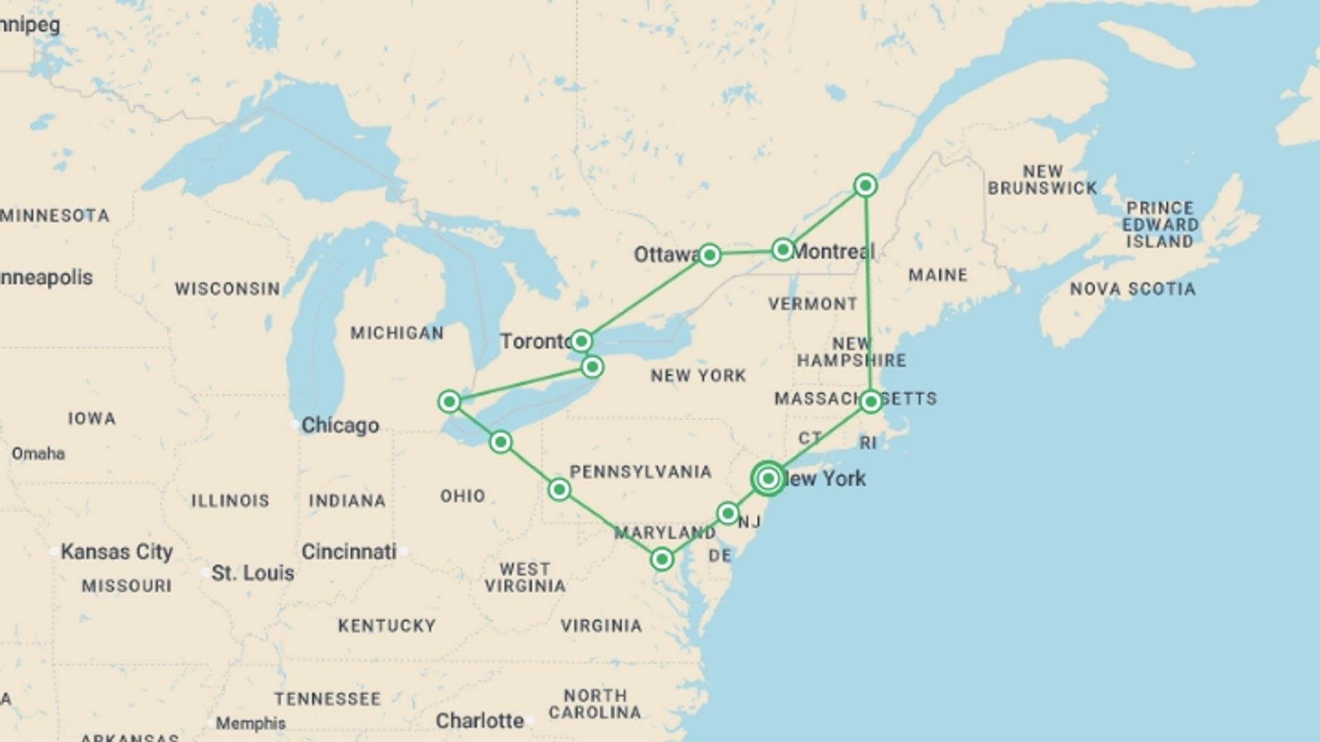 A map showing the tour itinerary for the trip: Eastern USA & Canada Escape, starting in New York, USA and ending in New York, USA going through 8 other destinations.