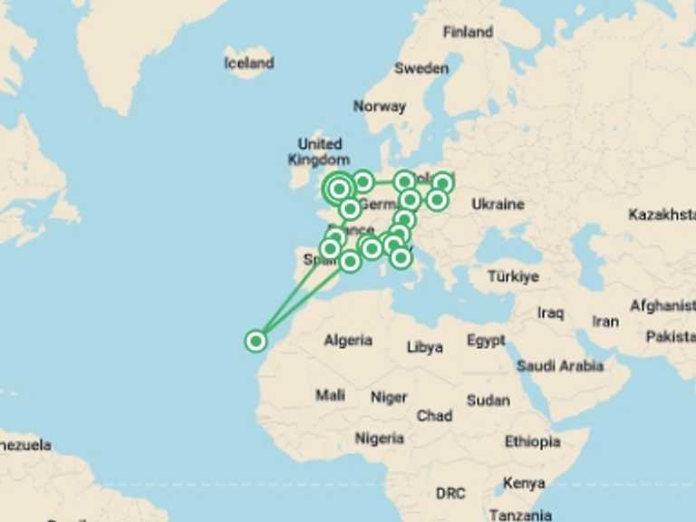 Map itinerary of England Tour in Summer with 18 destination visits for the trip: Big European