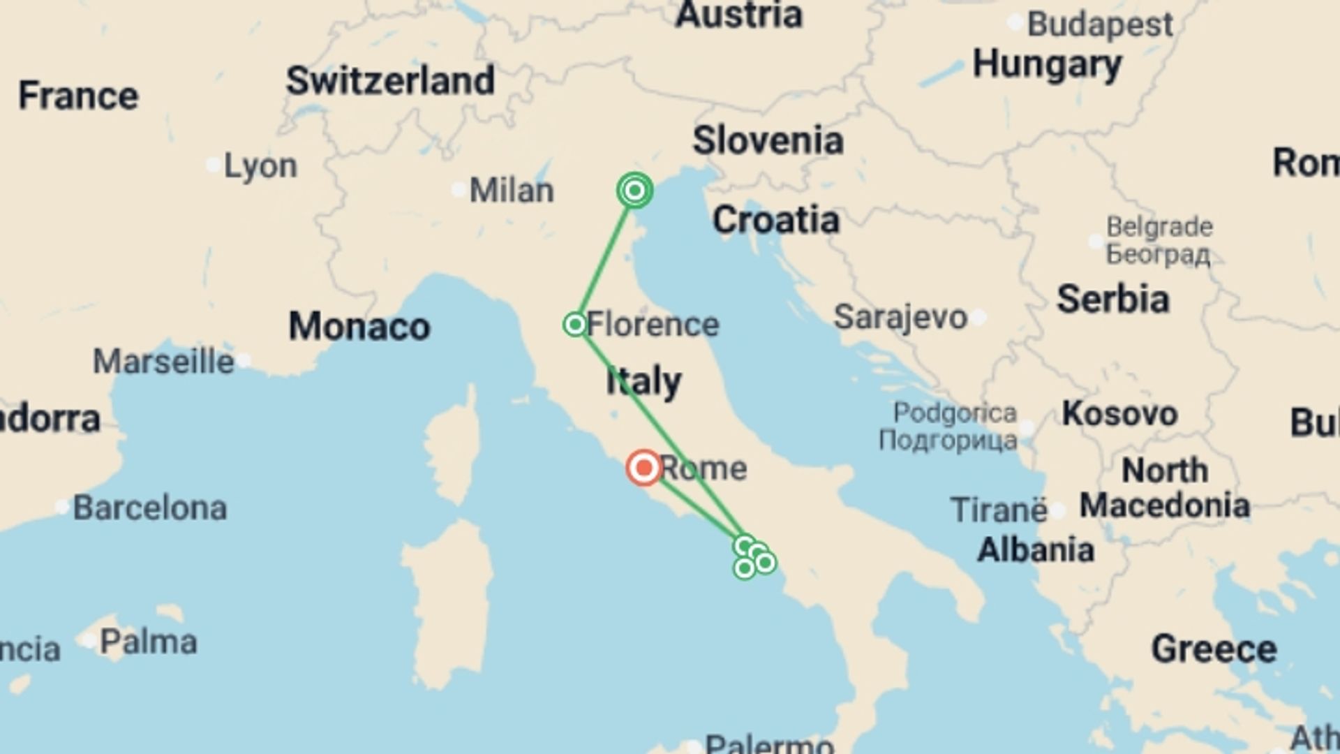 A map showing the tour itinerary for the trip: Venice to Florence, Naples & Rome (4 Star) - 11 days, starting in Venice, Italy and ending in Rome, Italy going through 2 other destinations.