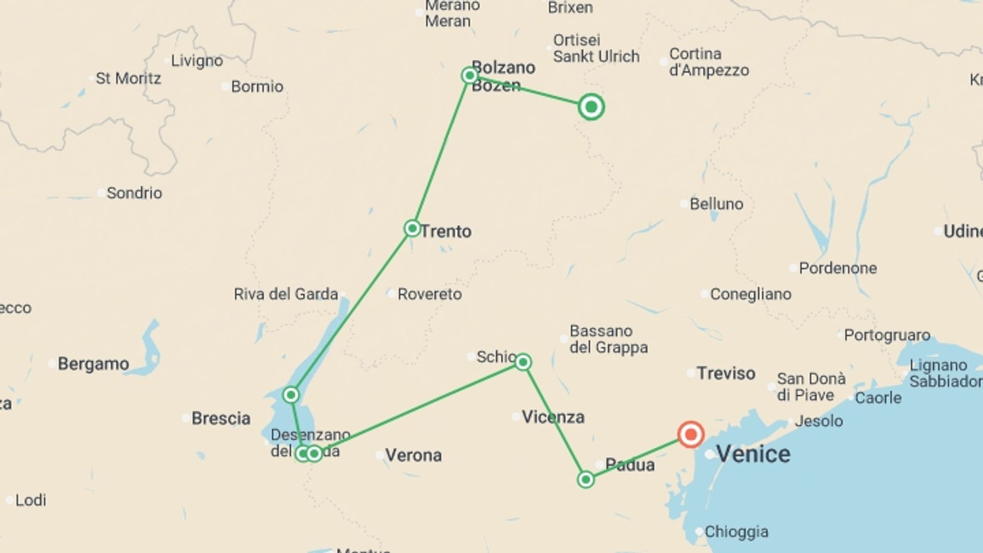 A map showing the tour itinerary for the trip: Backroads to Venice, starting in Dolomites, Italy and ending in Mestre, Italy going through 8 other destinations.