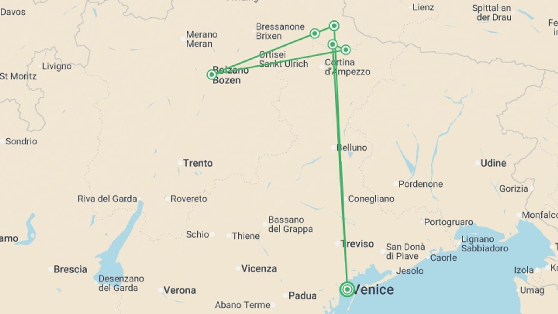 A map showing the tour itinerary for the trip: Hiking in the Dolomites, starting in Venice, Italy and ending in Venice, Italy going through 5 other destinations.