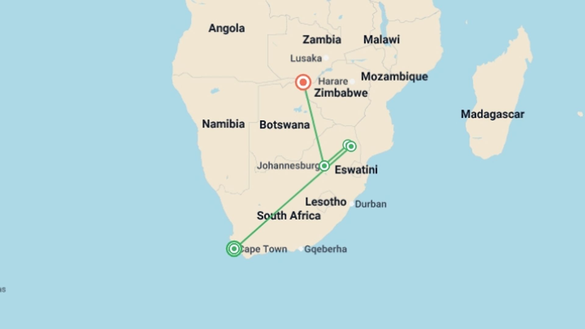 A map showing the tour itinerary for the trip: Essence of South Africa, starting in Cape Town, South Africa and ending in Victoria Falls, Zimbabwe going through 3 other destinations.