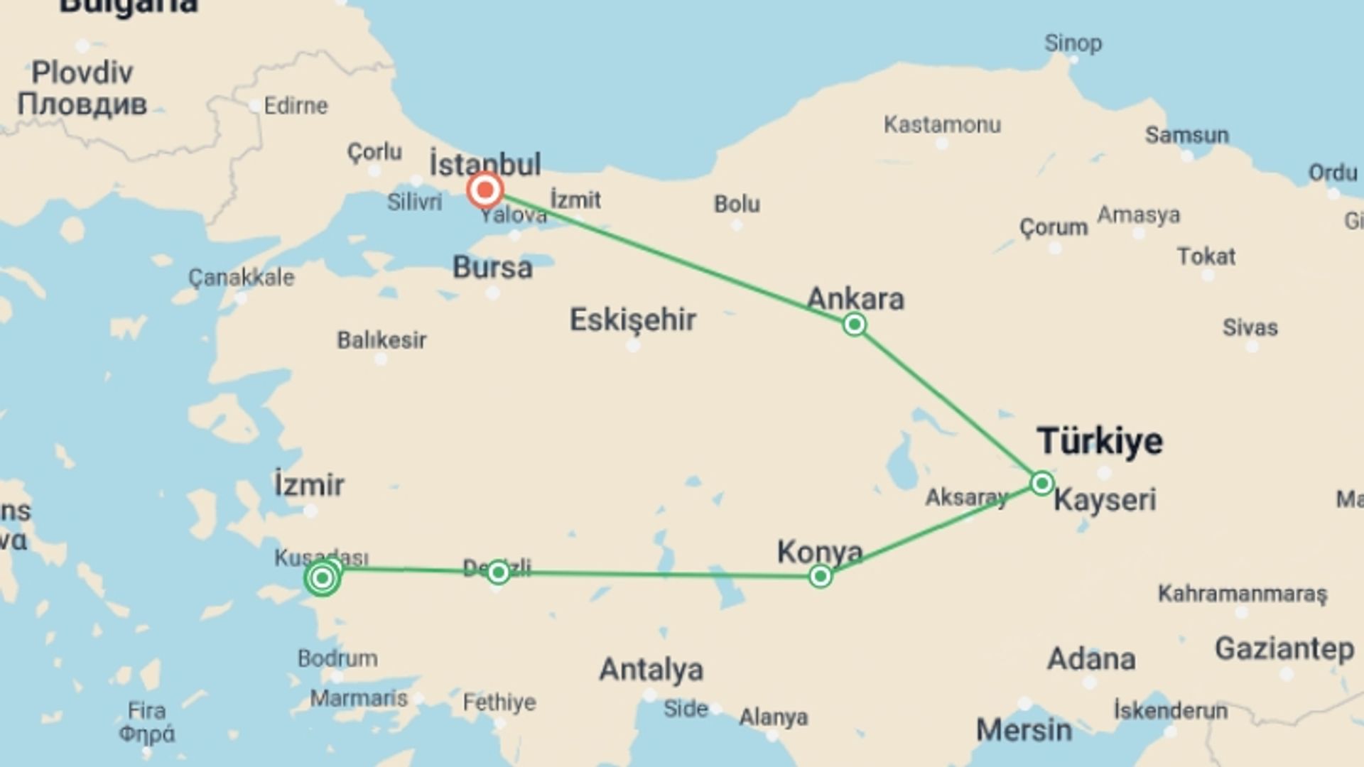 A map showing the tour itinerary for the trip: Silk Road Explorer Tour, starting in Kusadasi, Turkey and ending in Istanbul, Turkey going through 7 other destinations.