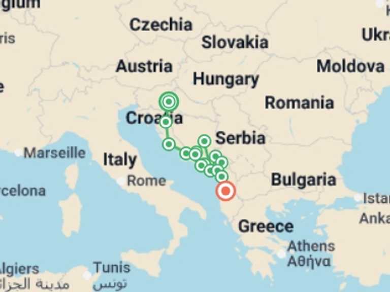 Map itinerary of Europe Tour in September 2027 with 15 destination visits for the trip: Classic Balkans:  Zagreb to Tirana