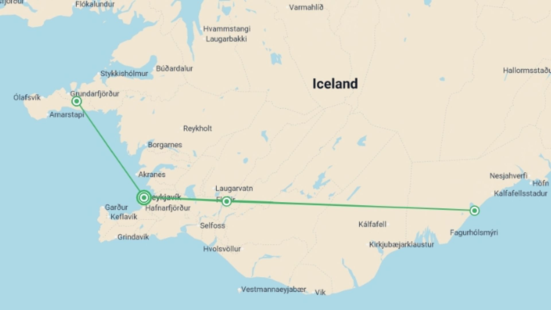 A map showing the tour itinerary for the trip: Iceland (Winter): Geysers & Glaciers, starting in Reykjavik, Iceland and ending in Reykjavik, Iceland going through 0 other destinations.