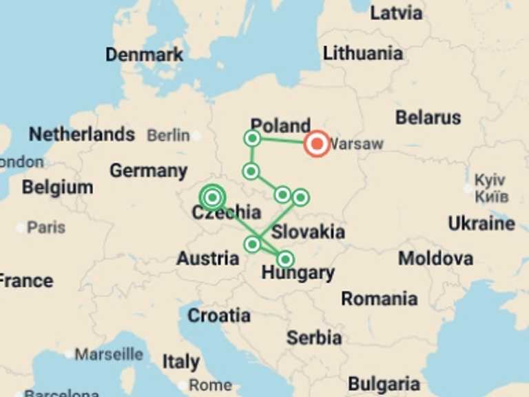 Map itinerary of Prague Tour in Summer with 6 destination visits for the trip: Czech Republic, Budapest, and Heart of Poland