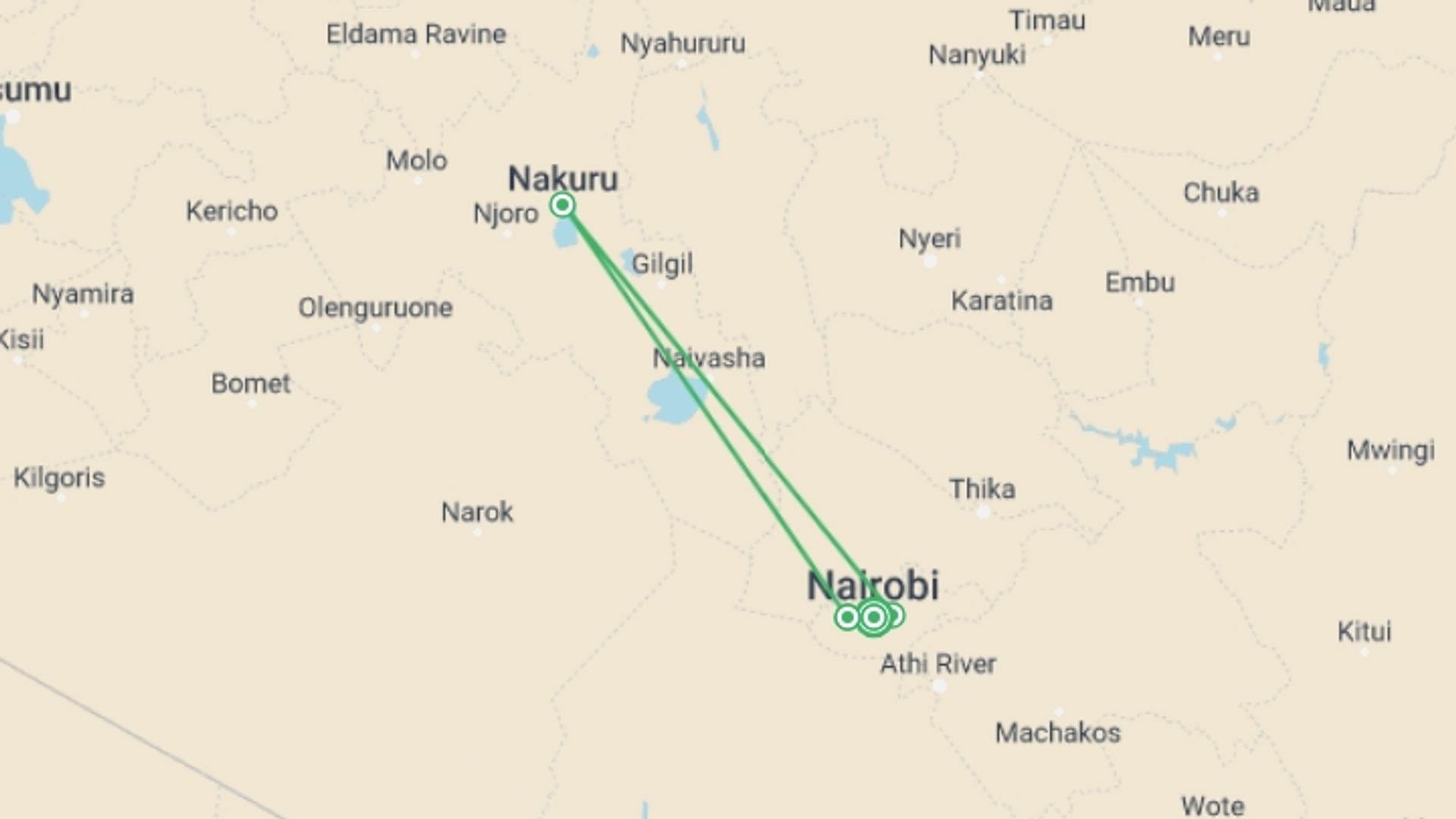 A map showing the tour itinerary for the trip: 6 Days Masai Mara, Lake Nakuru & Amboseli Safari, starting in Nairobi, Kenya and ending in Nairobi, Kenya going through 3 other destinations.