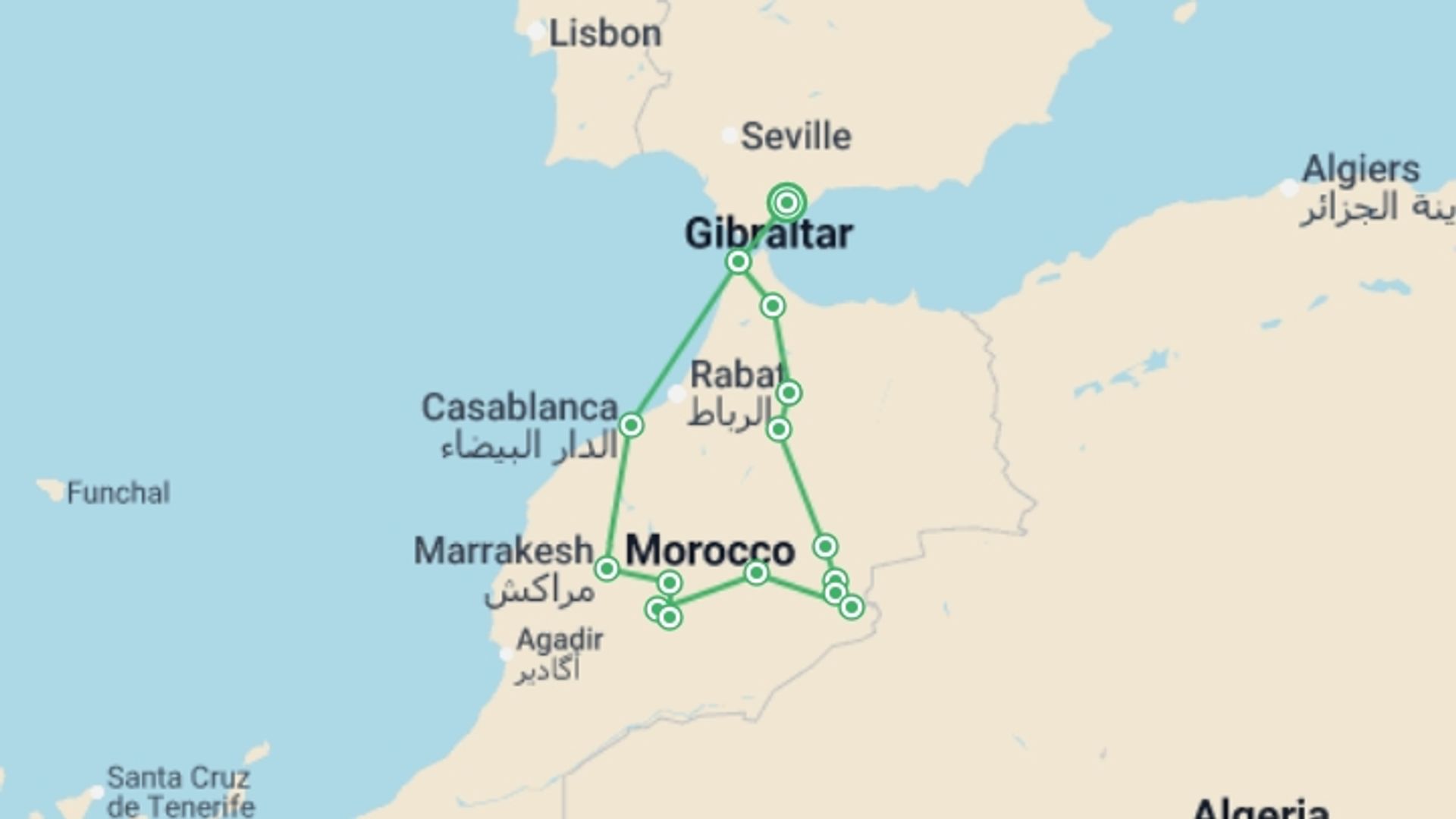 A map showing the tour itinerary for the trip: Morocco Explorer From Costa del Sol - 9 days, starting in Costa del Sol, Spain and ending in Costa del Sol, Spain going through 7 other destinations.
