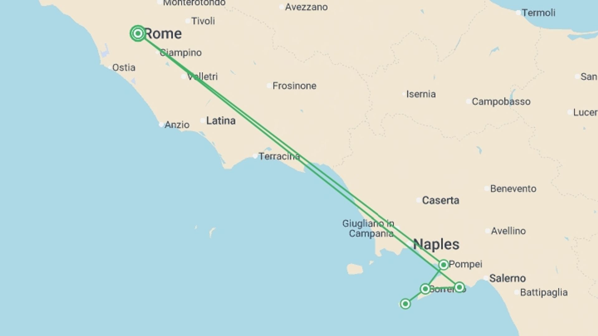 A map showing the tour itinerary for the trip: Rome, Sorrento & Amalfi Coast (4 Star) - 10 days, starting in Rome, Italy and ending in Rome, Italy going through 2 other destinations.