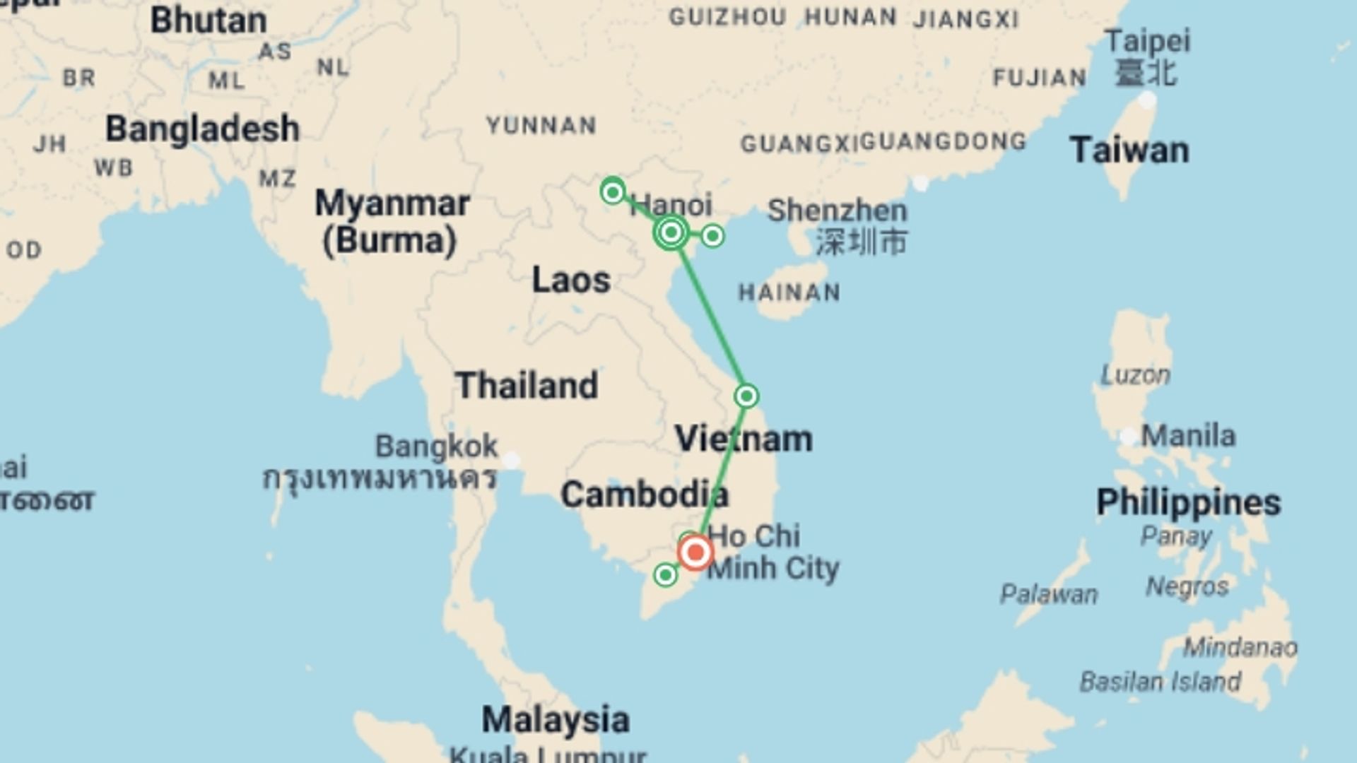 A map showing the tour itinerary for the trip: A 14-Day Vietnam Highlights Journey, starting in Hanoi, Vietnam and ending in Ho Chi Minh City, Vietnam going through 5 other destinations.
