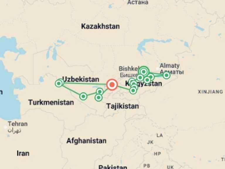 Map of Asia Tour with 16 destination visits for the trip: The Silk Road of Kyrgyzstan and Uzbekistan