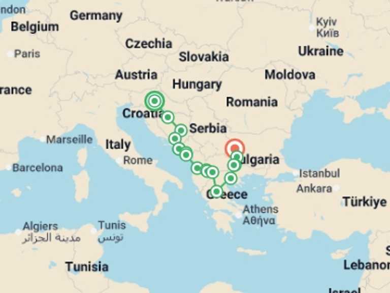 Map itinerary of Mediterranean Tour in October 2026 with 8 destination visits for the trip: Balkan Dreams end Bulgaria