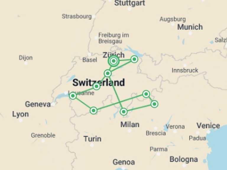 Map of a Train Tour with 8 destination visits for the trip: Grand Tour Of Switzerland by Rail