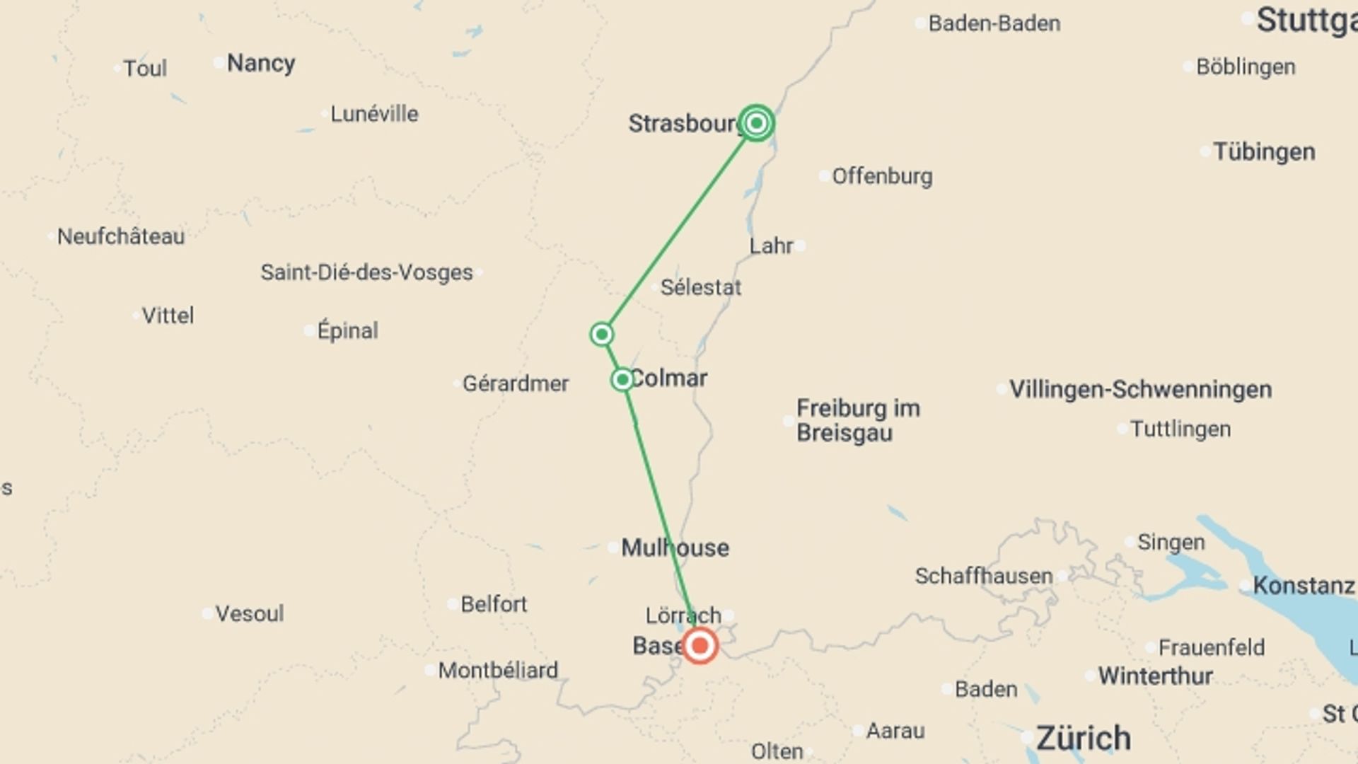 A map showing the tour itinerary for the trip: Magical Christmas extravaganzas in Alsace and Switzerland along the Rhine (port-to-port cruise), starting in Strasbourg, France and ending in Basel, Switzerland going through 1 other destinations.