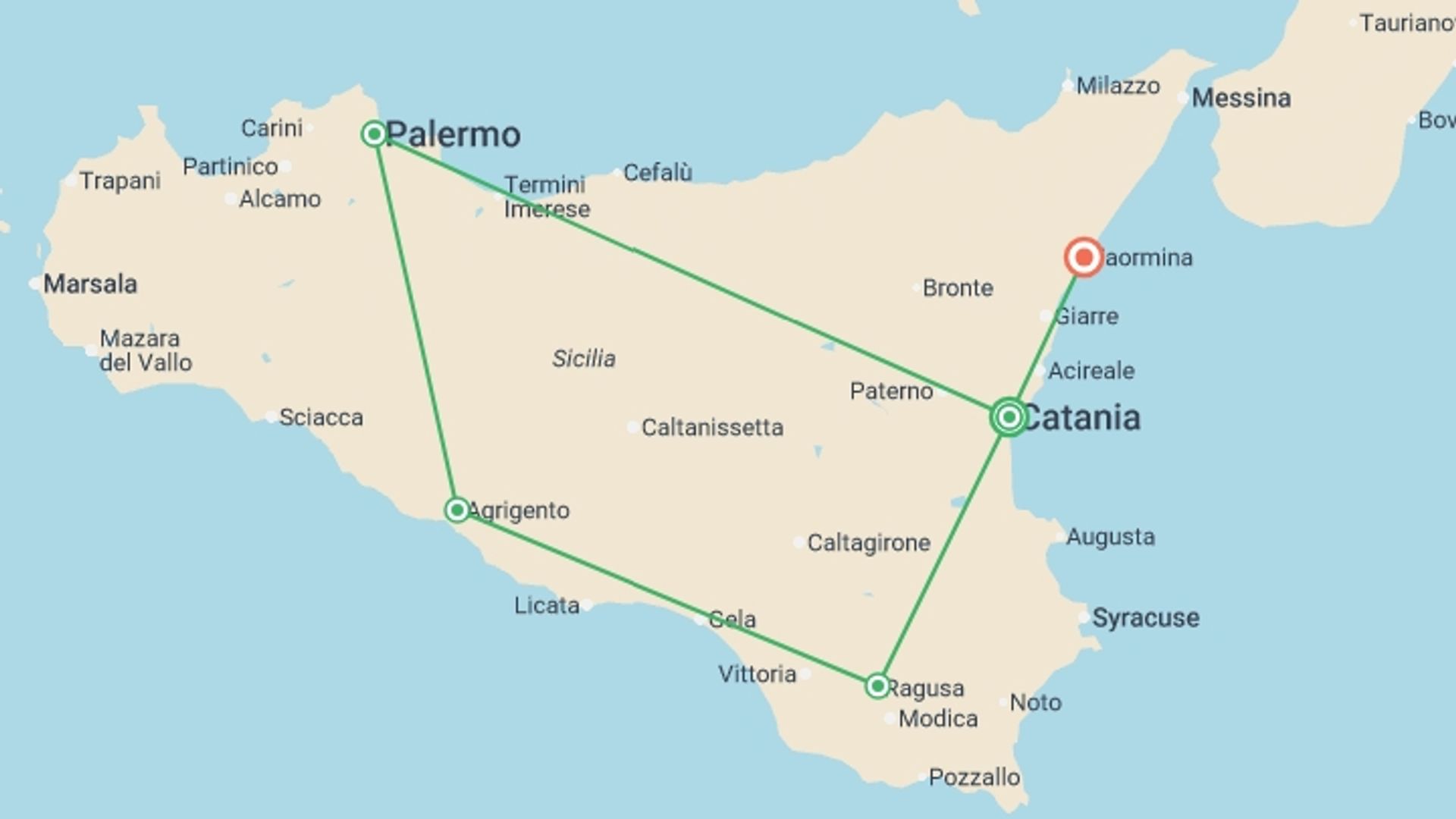 A map showing the tour itinerary for the trip: Highlights of Sicily From Catania - 10 days, starting in Catania, Italy and ending in Taormina, Italy going through 3 other destinations.
