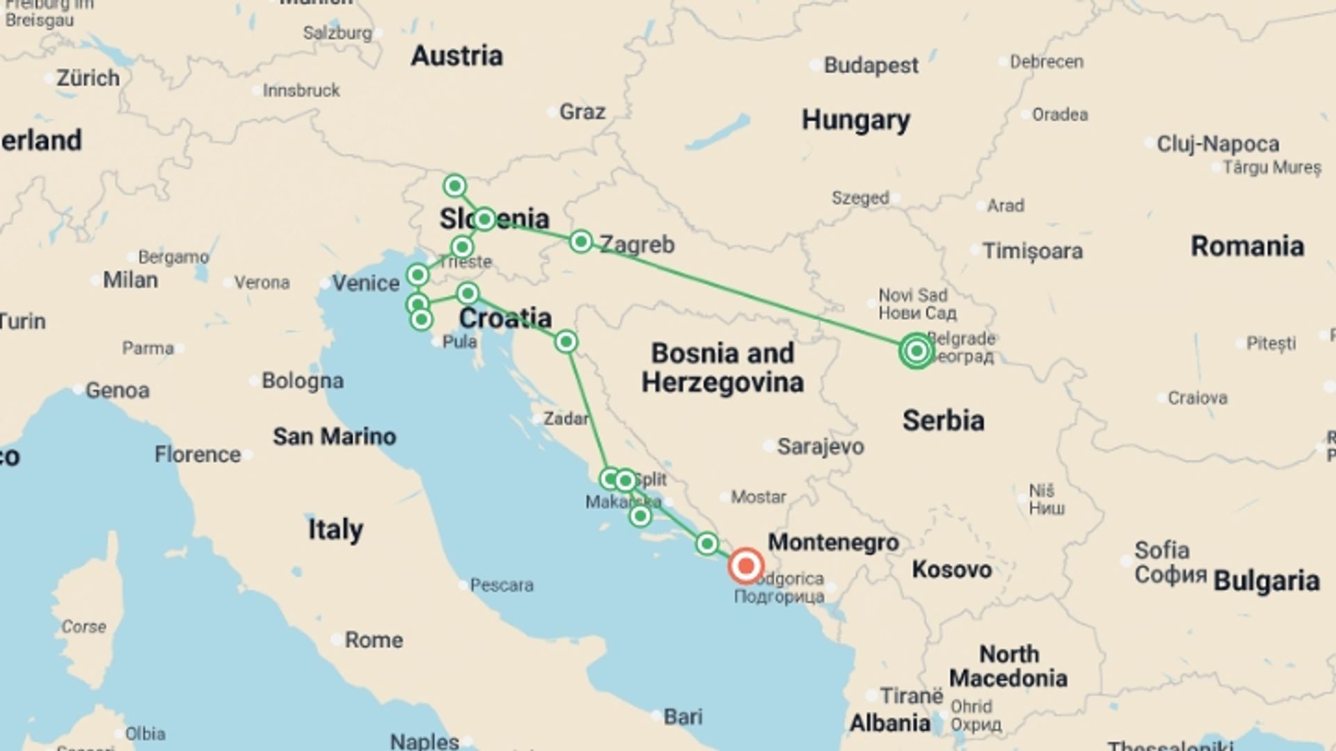 A map showing the tour itinerary for the trip: Belgrade to Dubrovnik - 13 days, starting in Belgrade, Serbia and ending in Dubrovnik, Croatia going through 5 other destinations.