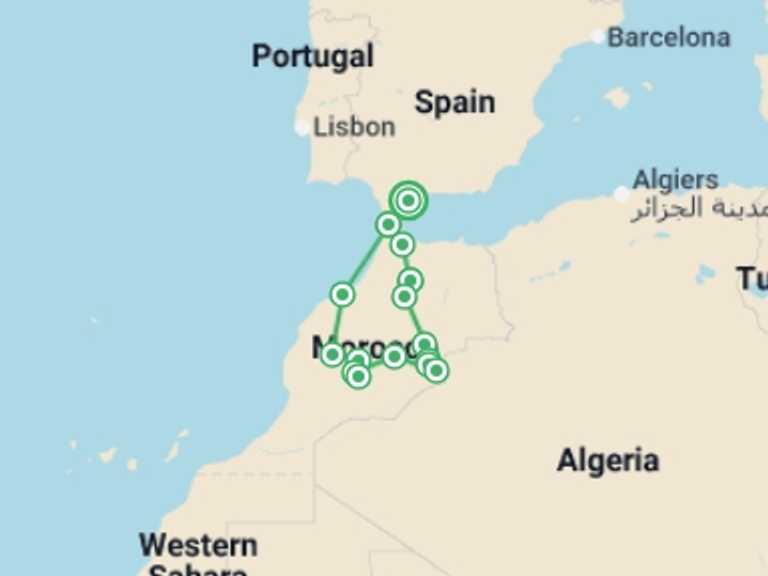 Map of 9-Day Marrakech Tour with 8 destination visits for the trip: Morocco Explorer From Costa del Sol - 9 days