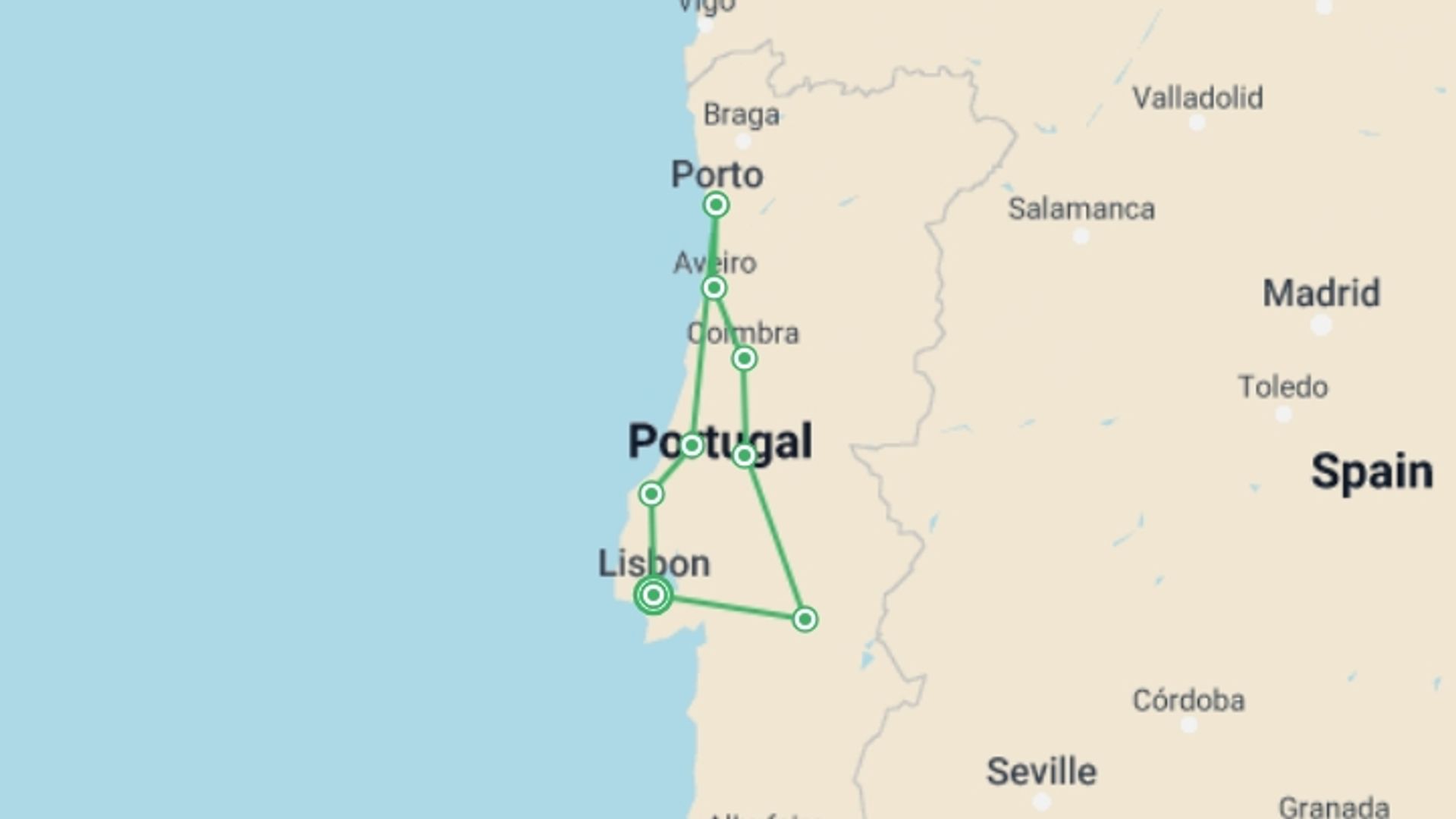 A map showing the tour itinerary for the trip: Essence of Portugal: An 8-Day Small Group Journey, starting in Lisbon, Portugal and ending in Lisbon, Portugal going through 3 other destinations.