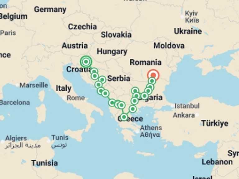 Map of Europe Tour with 11 destination visits for the trip: Balkan Dreams