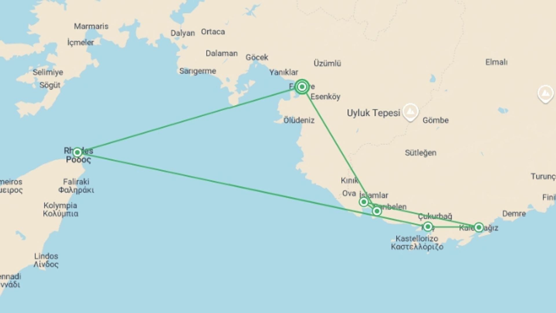 A map showing the tour itinerary for the trip: Turquoise Blue - Fethiye/Kekova/Fethiye, starting in Fethiye, Turkey and ending in Fethiye, Turkey going through 5 other destinations.