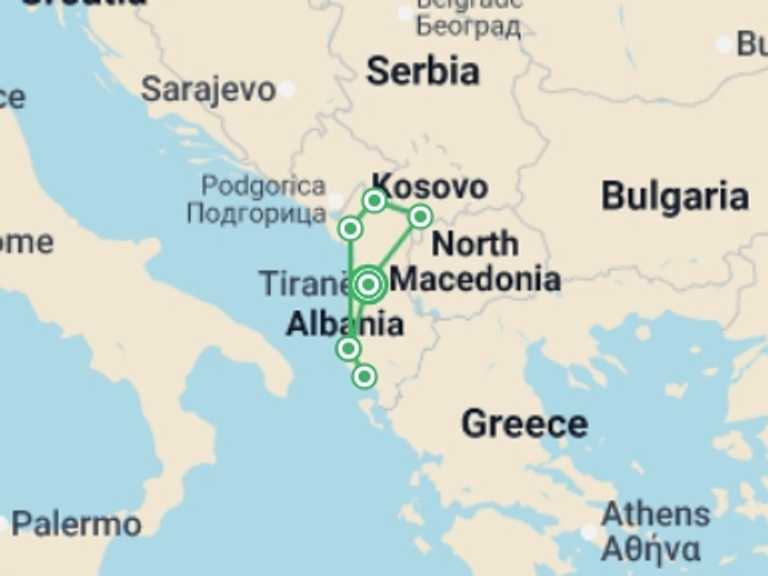Map itinerary of Mediterranean Tour in July 2026 with 4 destination visits for the trip: Albania Beaches & Mountains